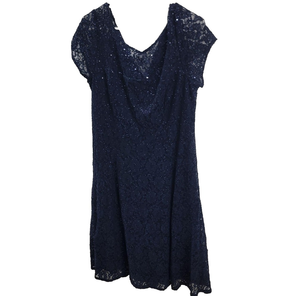 SLNY Dress Womens‎ 16P Blue Lace Sequin Fit Flare Cowl Neck Lined Knee Length